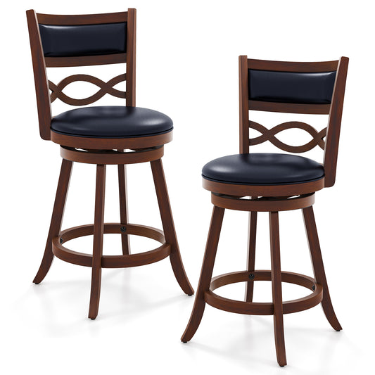 Set of 2 Bar Stools with Rubber Wood Frame and Faux Leather Upholstered Seat - 24.5 Inch Height