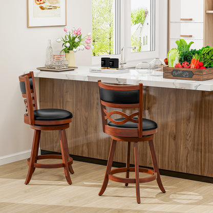 Set of 2 Bar Stools with Rubber Wood Frame and Faux Leather Upholstered Seat - 24.5 Inch Height