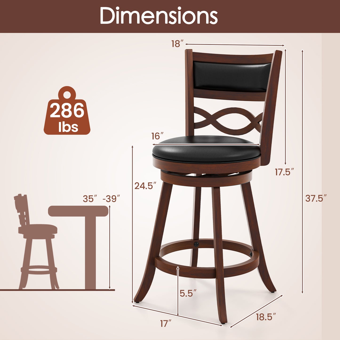 Set of 2 Bar Stools with Rubber Wood Frame and Faux Leather Upholstered Seat - 24.5 Inch Height