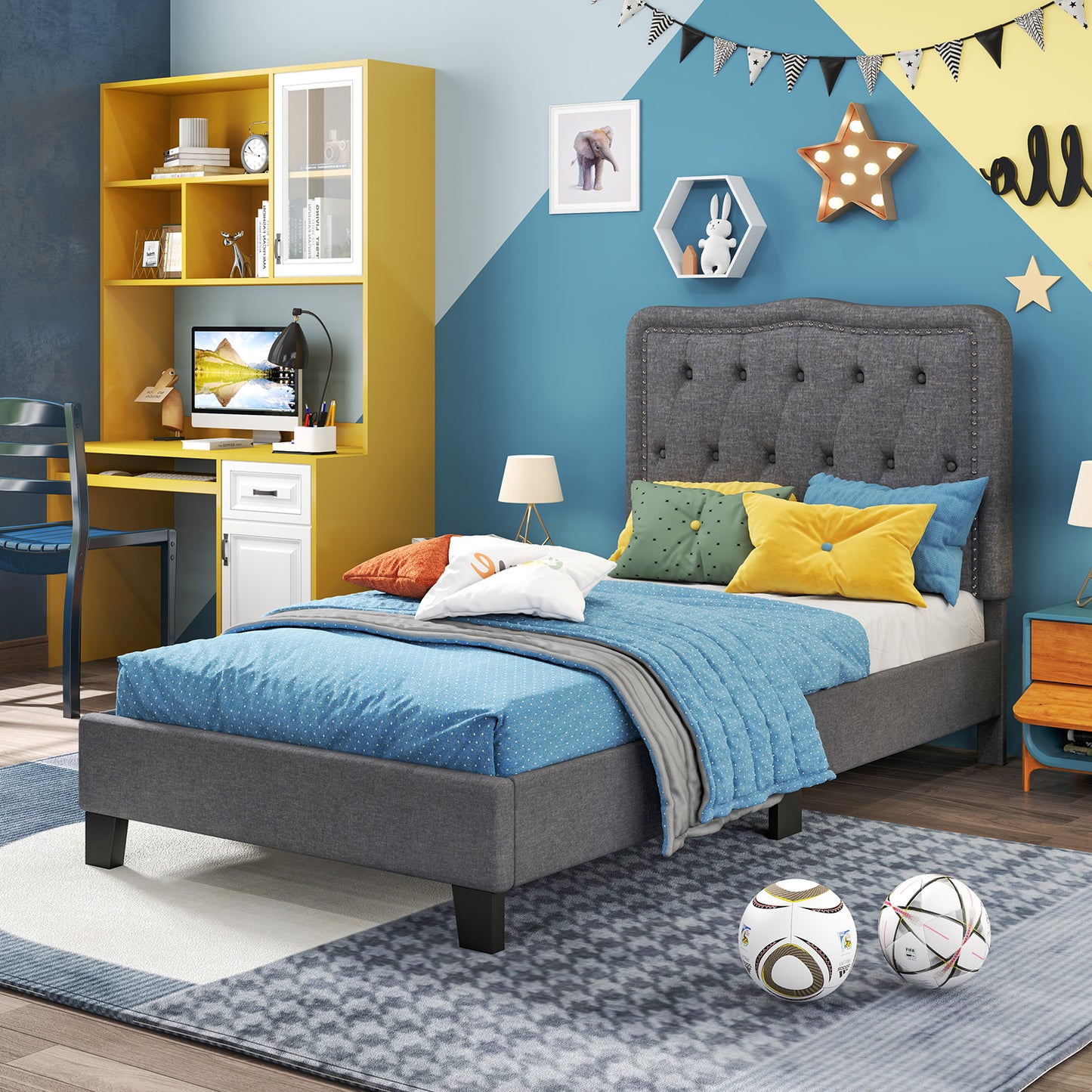 Twin Size Upholstered Bed Frame with 46 Inch Tall Tufted Headboard and Nailhead Trim