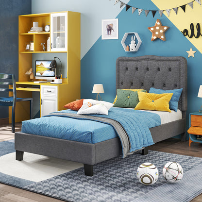 Twin Size Upholstered Bed Frame with 46 Inch Tall Tufted Headboard and Nailhead Trim