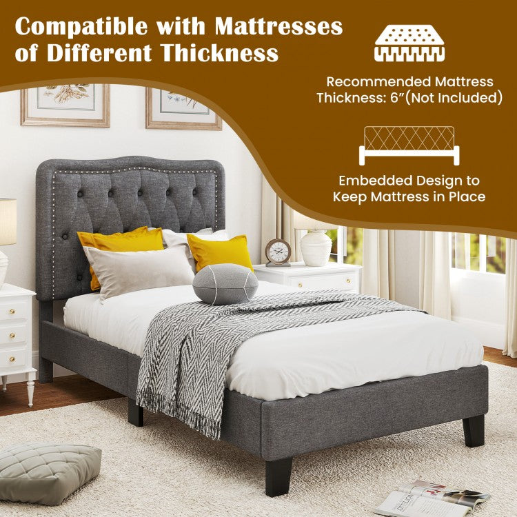 Twin Size Upholstered Bed Frame with 46 Inch Tall Tufted Headboard and Nailhead Trim