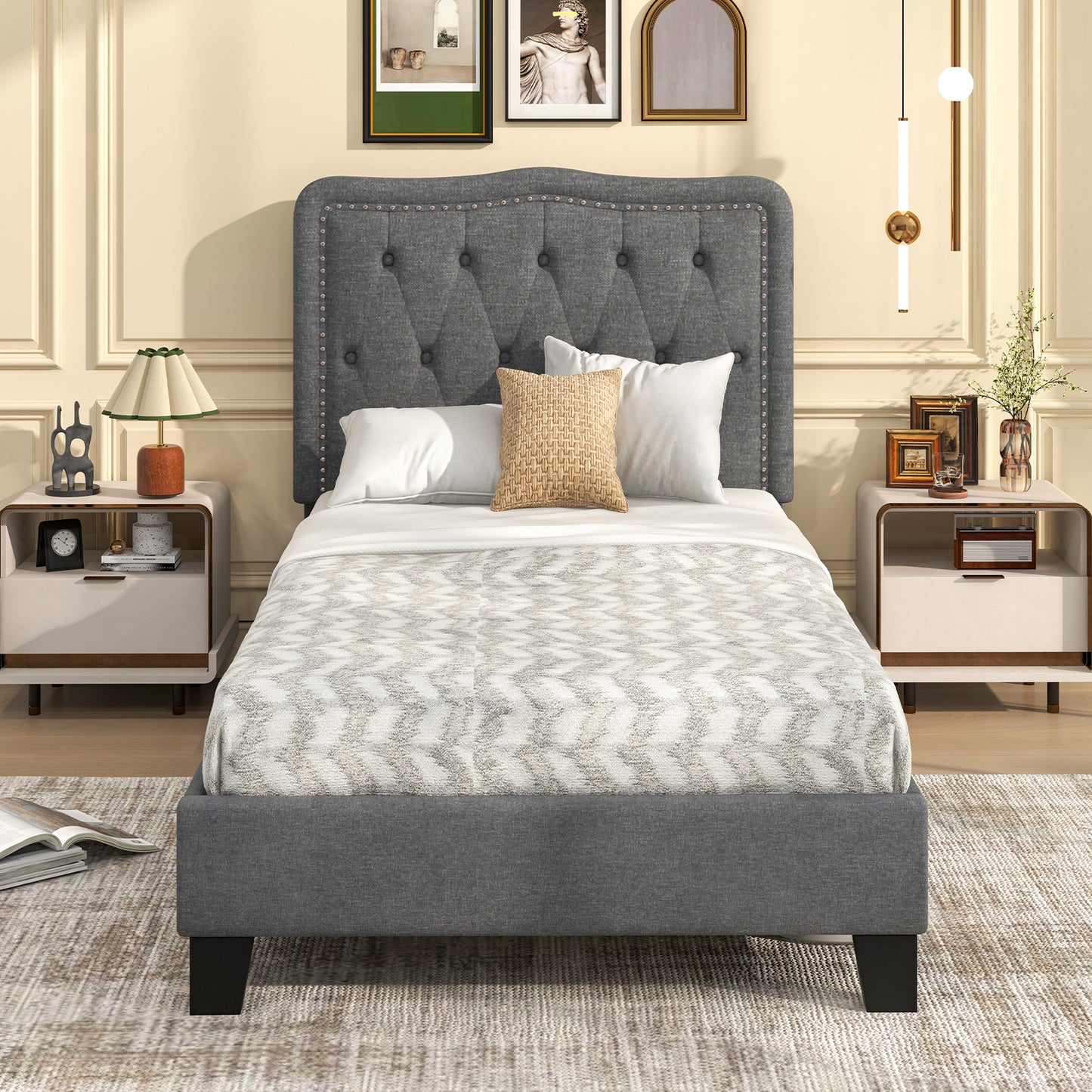 Twin Size Upholstered Bed Frame with 46 Inch Tall Tufted Headboard and Nailhead Trim
