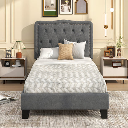 Twin Size Upholstered Bed Frame with 46 Inch Tall Tufted Headboard and Nailhead Trim