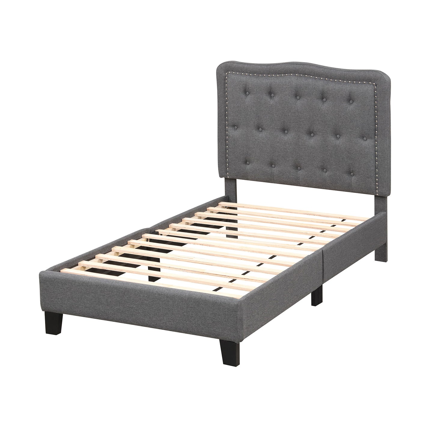 Twin Size Upholstered Bed Frame with 46 Inch Tall Tufted Headboard and Nailhead Trim