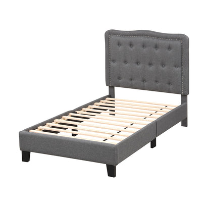 Twin Size Upholstered Bed Frame with 46 Inch Tall Tufted Headboard and Nailhead Trim