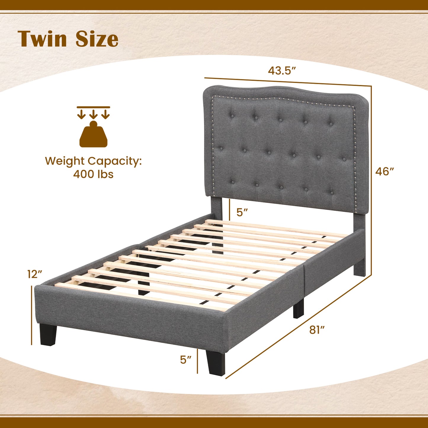 Twin Size Upholstered Bed Frame with 46 Inch Tall Tufted Headboard and Nailhead Trim