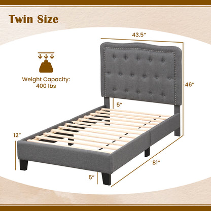 Twin Size Upholstered Bed Frame with 46 Inch Tall Tufted Headboard and Nailhead Trim
