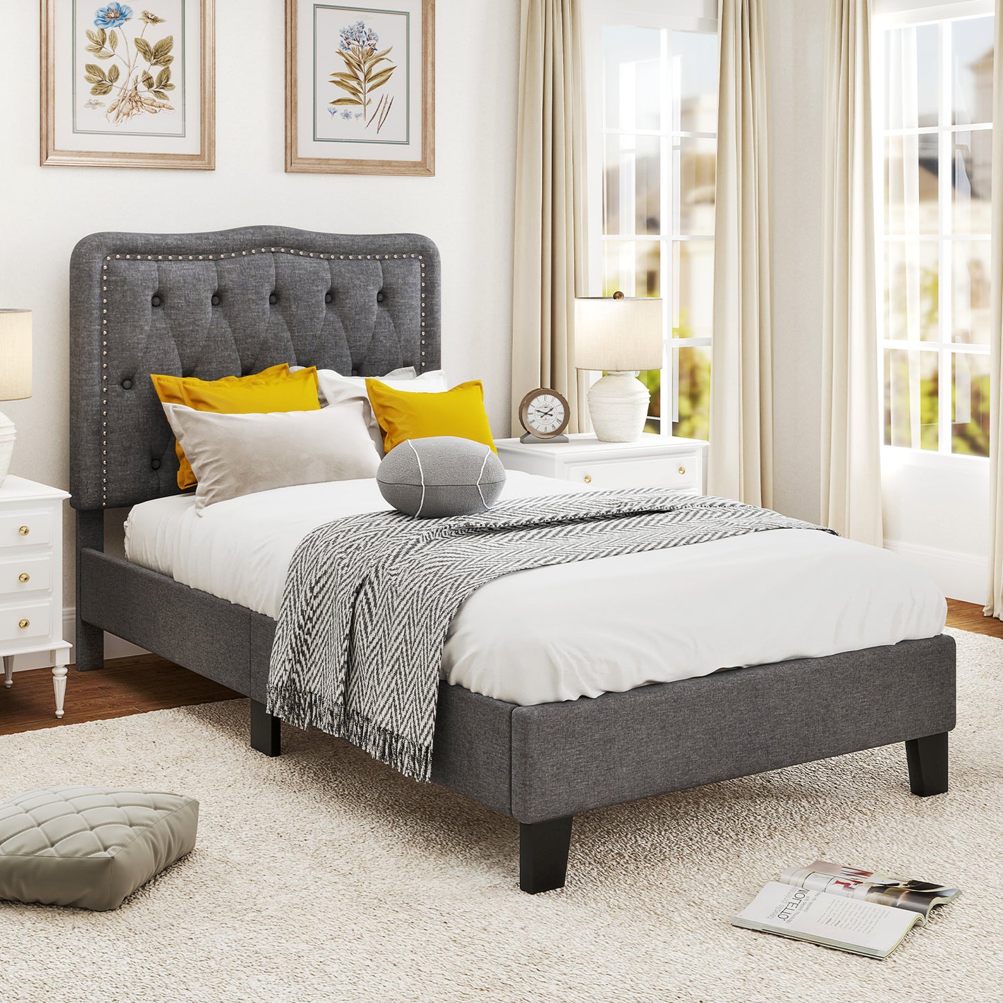 Twin Size Upholstered Bed Frame with 46 Inch Tall Tufted Headboard and Nailhead Trim