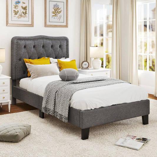 Twin Size Upholstered Bed Frame with 46 Inch Tall Tufted Headboard and Nailhead Trim