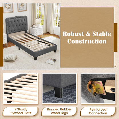 Twin Size Upholstered Bed Frame with 46 Inch Tall Tufted Headboard and Nailhead Trim