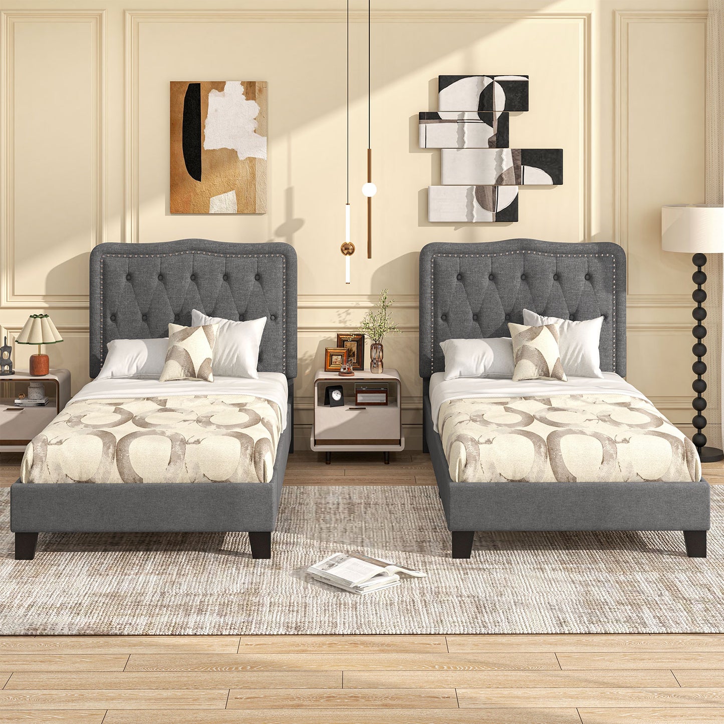 Twin Size Upholstered Bed Frame with 46 Inch Tall Tufted Headboard and Nailhead Trim