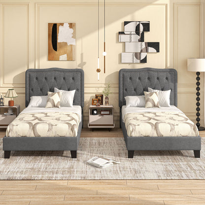 Twin Size Upholstered Bed Frame with 46 Inch Tall Tufted Headboard and Nailhead Trim