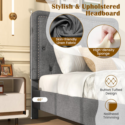 Twin Size Upholstered Bed Frame with 46 Inch Tall Tufted Headboard and Nailhead Trim