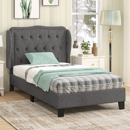 Twin Size Upholstered Bed Frame with Tufted Wingback Headboard and Underbed Storage