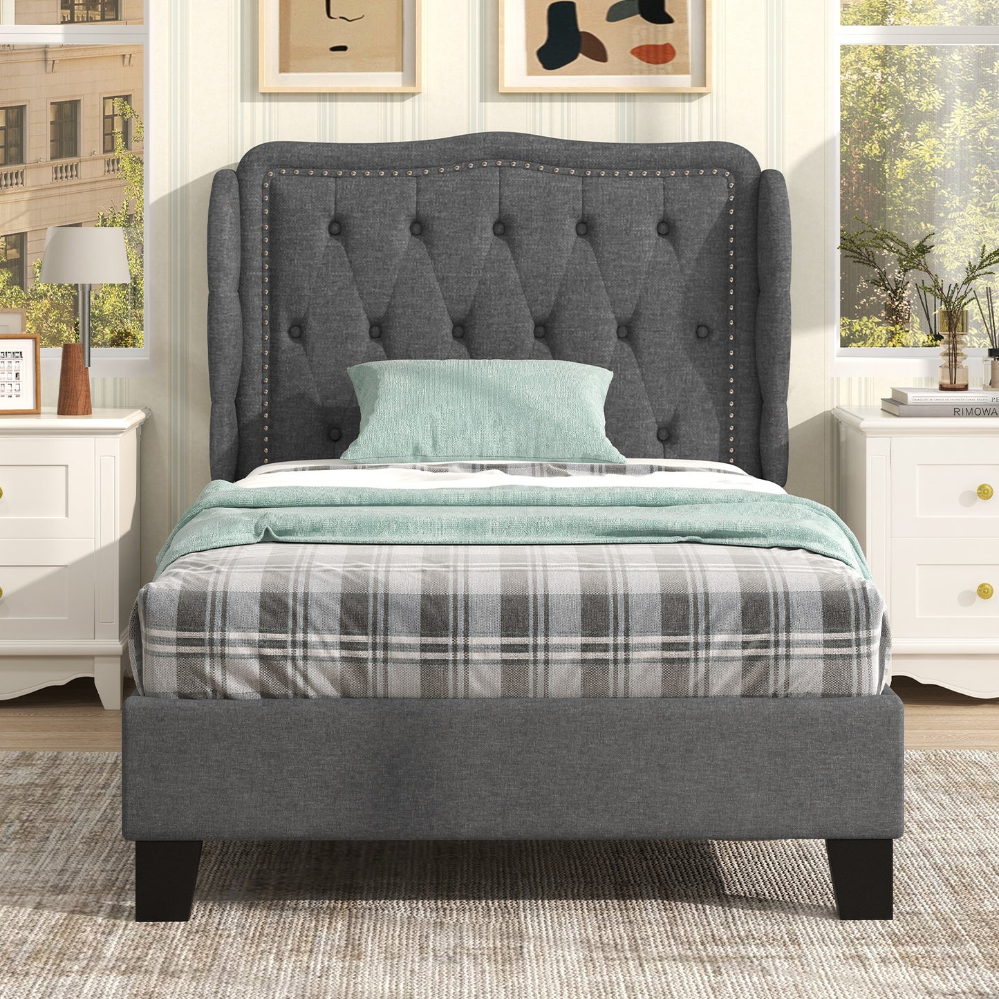 Twin Size Upholstered Bed Frame with Tufted Wingback Headboard and Underbed Storage