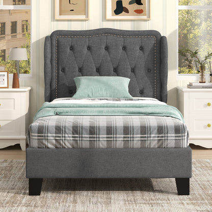 Twin Size Upholstered Bed Frame with Tufted Wingback Headboard and Underbed Storage