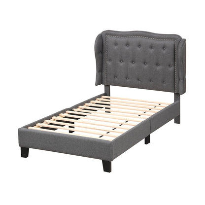 Twin Size Upholstered Bed Frame with Tufted Wingback Headboard and Underbed Storage