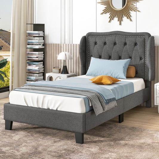 Twin Size Upholstered Bed Frame with Tufted Wingback Headboard and Underbed Storage