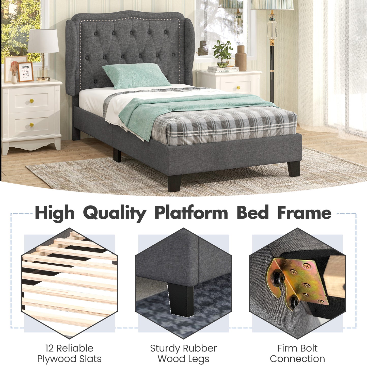 Twin Size Upholstered Bed Frame with Tufted Wingback Headboard and Underbed Storage