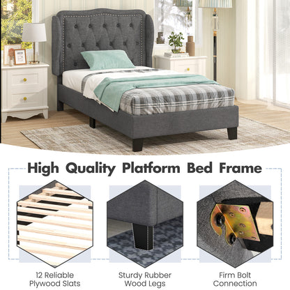 Twin Size Upholstered Bed Frame with Tufted Wingback Headboard and Underbed Storage