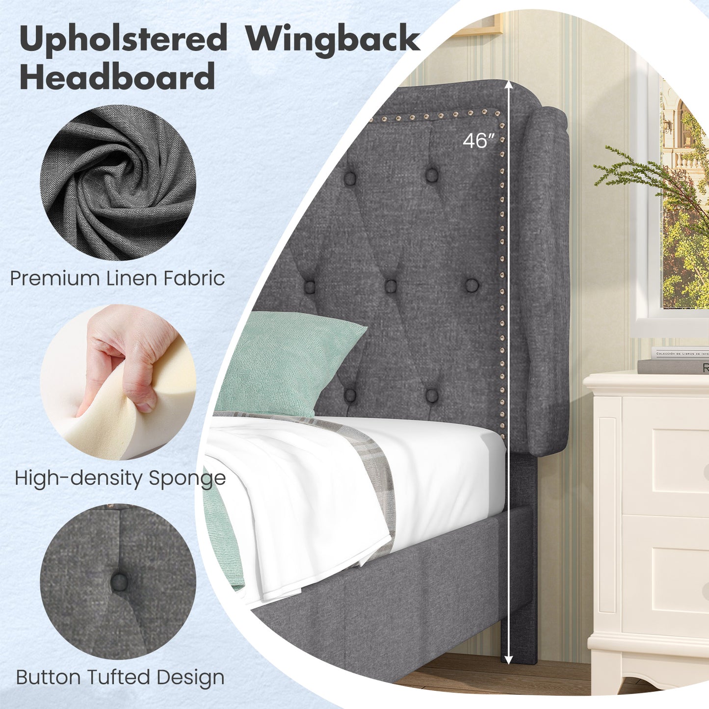 Twin Size Upholstered Bed Frame with Tufted Wingback Headboard and Underbed Storage
