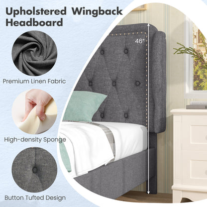 Twin Size Upholstered Bed Frame with Tufted Wingback Headboard and Underbed Storage