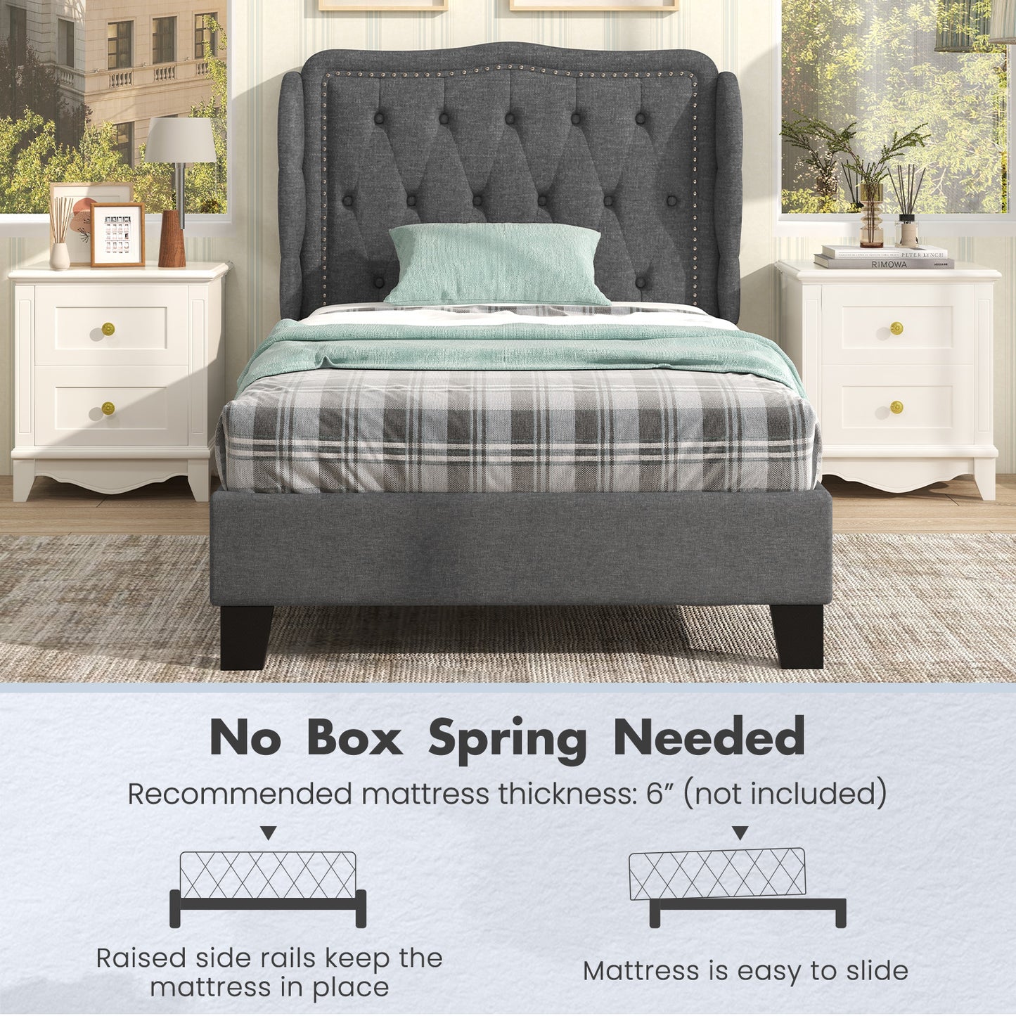 Twin Size Upholstered Bed Frame with Tufted Wingback Headboard and Underbed Storage