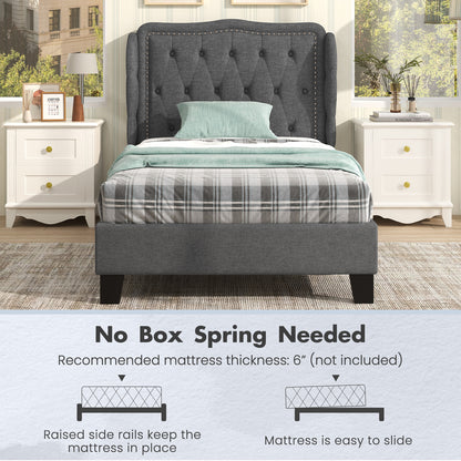 Twin Size Upholstered Bed Frame with Tufted Wingback Headboard and Underbed Storage