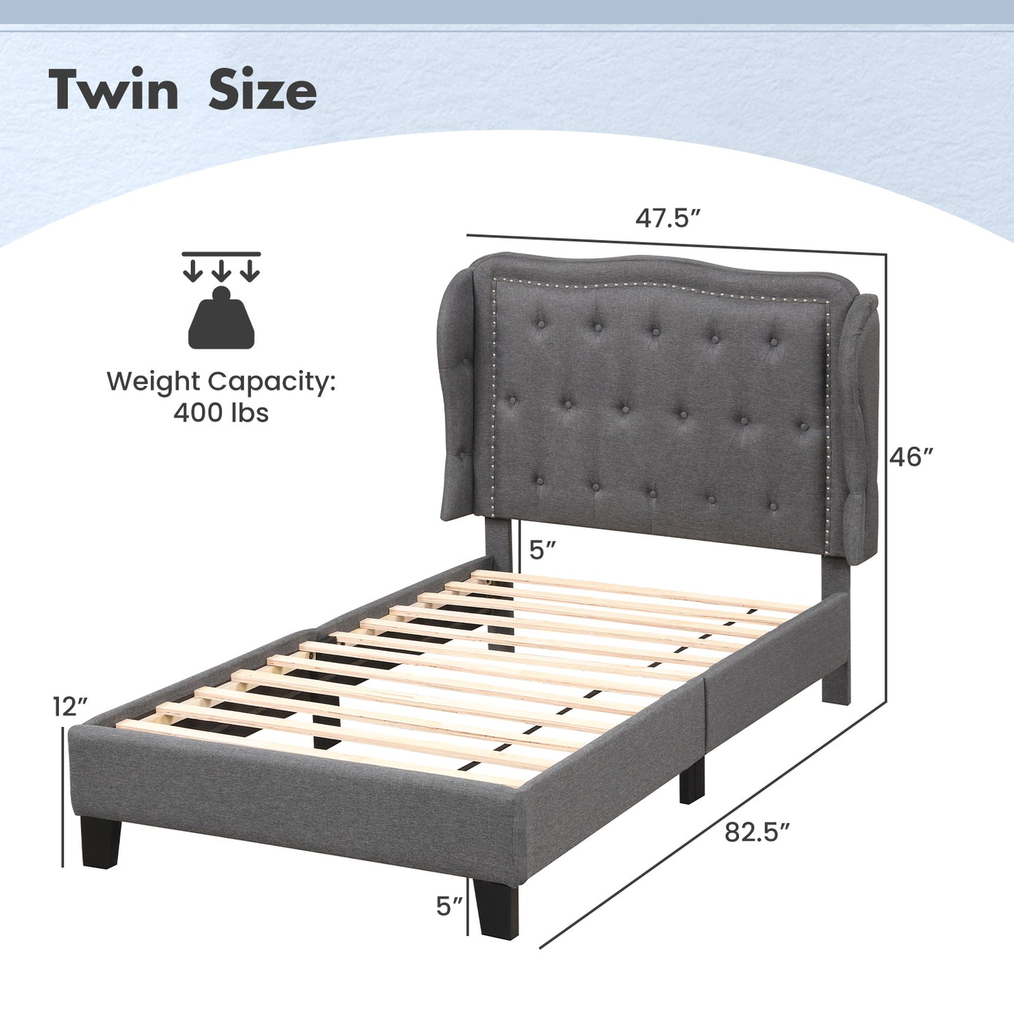 Twin Size Upholstered Bed Frame with Tufted Wingback Headboard and Underbed Storage