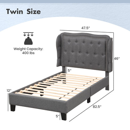 Twin Size Upholstered Bed Frame with Tufted Wingback Headboard and Underbed Storage