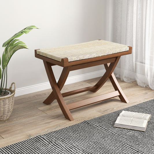 Folding Teak Wood Ottoman with Handwoven Natural Rattan Seat for Indoor Use