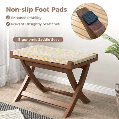 Folding Teak Wood Ottoman with Handwoven Natural Rattan Seat for Indoor Use