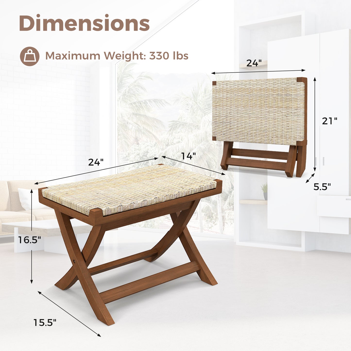 Folding Teak Wood Ottoman with Handwoven Natural Rattan Seat for Indoor Use