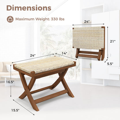 Folding Teak Wood Ottoman with Handwoven Natural Rattan Seat for Indoor Use