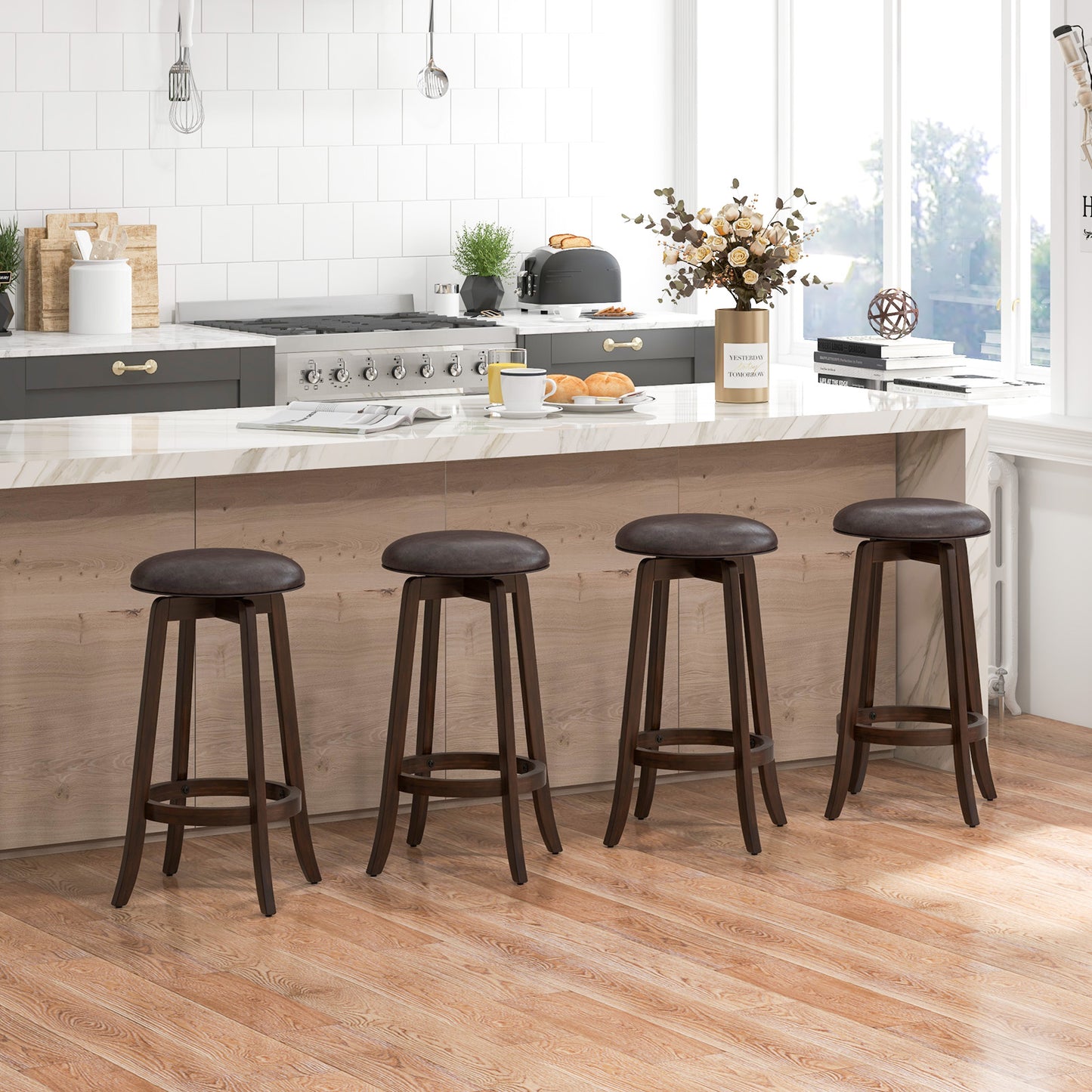 360° Swivel Upholstered PU Leather Bar Stool Set of 2 with Round Seat – 29 Inch