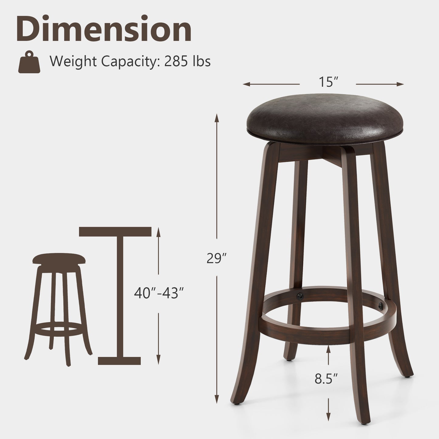 360° Swivel Upholstered PU Leather Bar Stool Set of 2 with Round Seat – 29 Inch