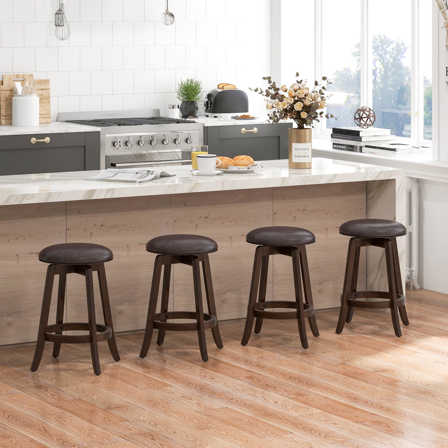 360° Swivel Upholstered PU Leather Bar Stool Set of 2 with Round Seat – 24 Inch