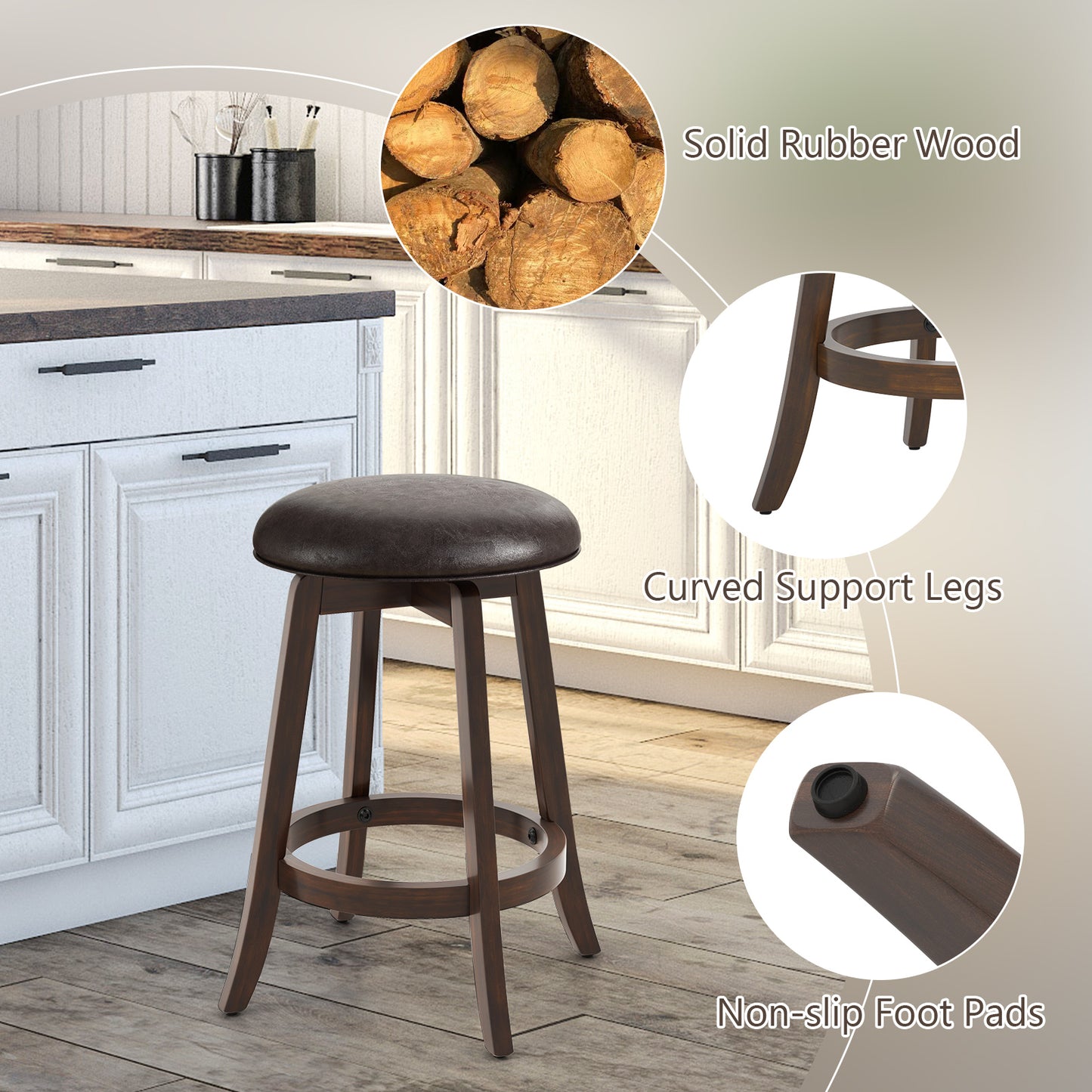 360° Swivel Upholstered PU Leather Bar Stool Set of 2 with Round Seat – 24 Inch