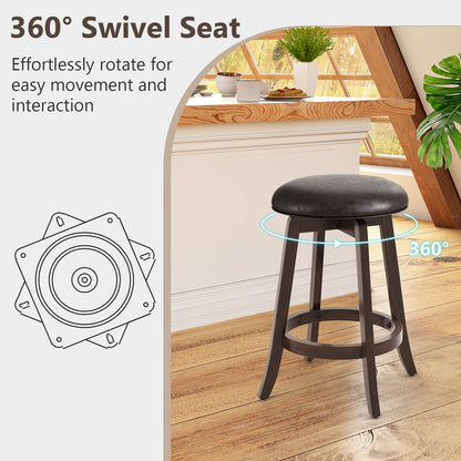 360° Swivel Upholstered PU Leather Bar Stool Set of 2 with Round Seat – 24 Inch