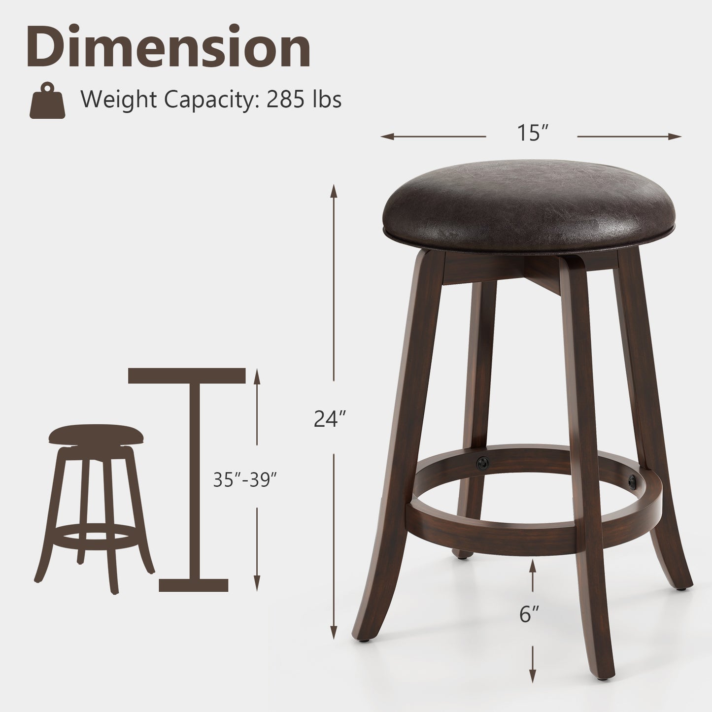 360° Swivel Upholstered PU Leather Bar Stool Set of 2 with Round Seat – 24 Inch