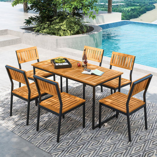 55 Inch Acacia Wood Outdoor Dining Table for 6 with Slatted Top and Umbrella Hole