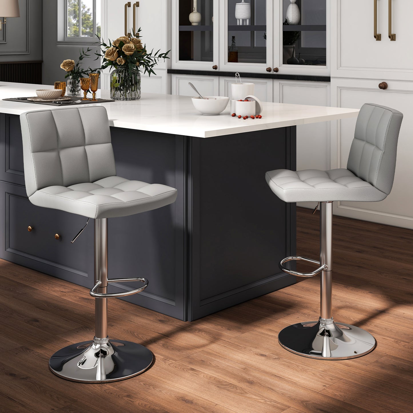 Set of 2 Modern PU Leather Bar Stools with Adjustable Height, Swivel Seat, Backrest and Footrest - Grey