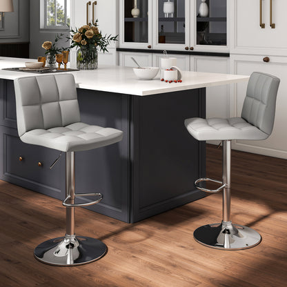 Set of 2 Modern PU Leather Bar Stools with Adjustable Height, Swivel Seat, Backrest and Footrest - Grey