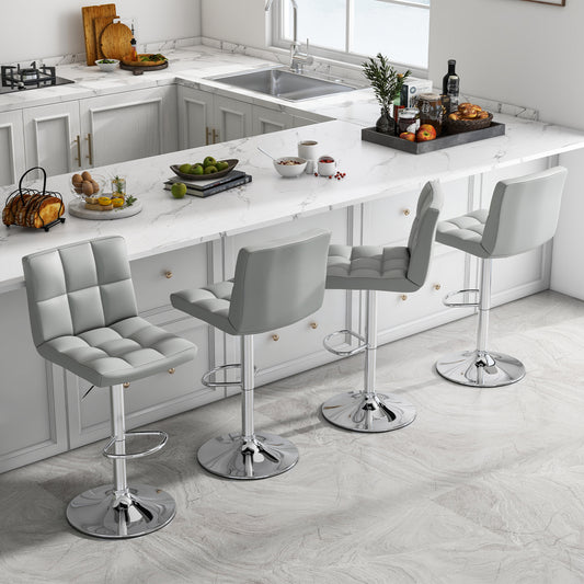 Set of 2 Modern PU Leather Bar Stools with Adjustable Height, Swivel Seat, Backrest and Footrest - Grey