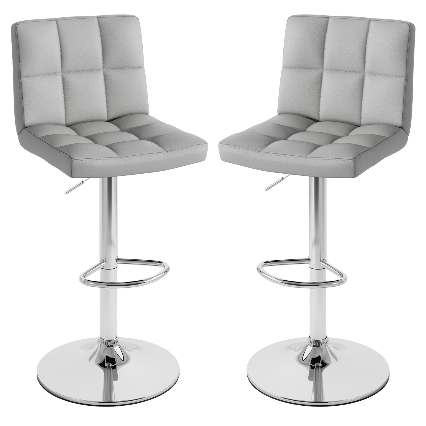Set of 2 Modern PU Leather Bar Stools with Adjustable Height, Swivel Seat, Backrest and Footrest - Grey