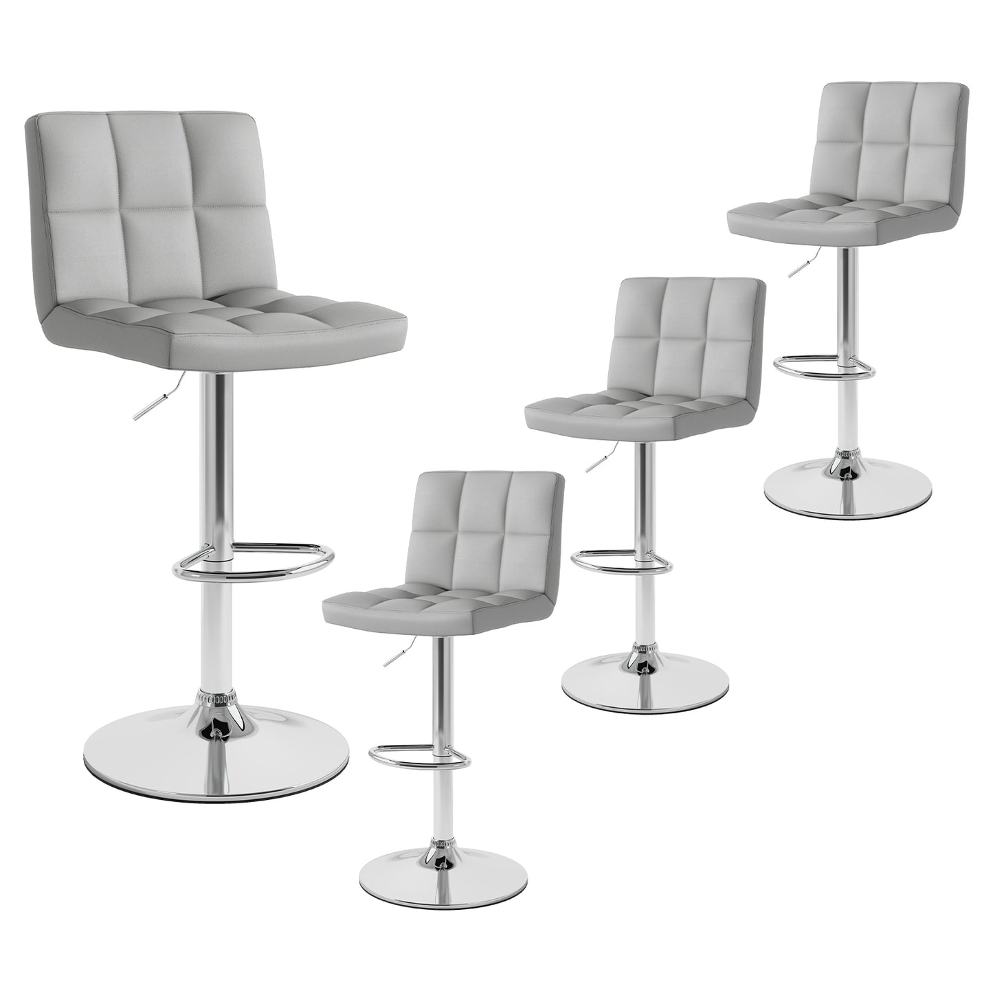 Set of 2 Modern PU Leather Bar Stools with Adjustable Height, Swivel Seat, Backrest and Footrest - Grey