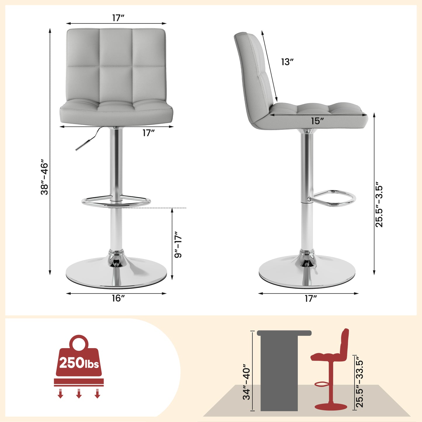 Set of 2 Modern PU Leather Bar Stools with Adjustable Height, Swivel Seat, Backrest and Footrest - Grey