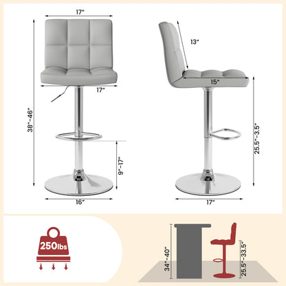 Set of 2 Modern PU Leather Bar Stools with Adjustable Height, Swivel Seat, Backrest and Footrest - Grey