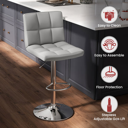 Set of 2 Modern PU Leather Bar Stools with Adjustable Height, Swivel Seat, Backrest and Footrest - Grey